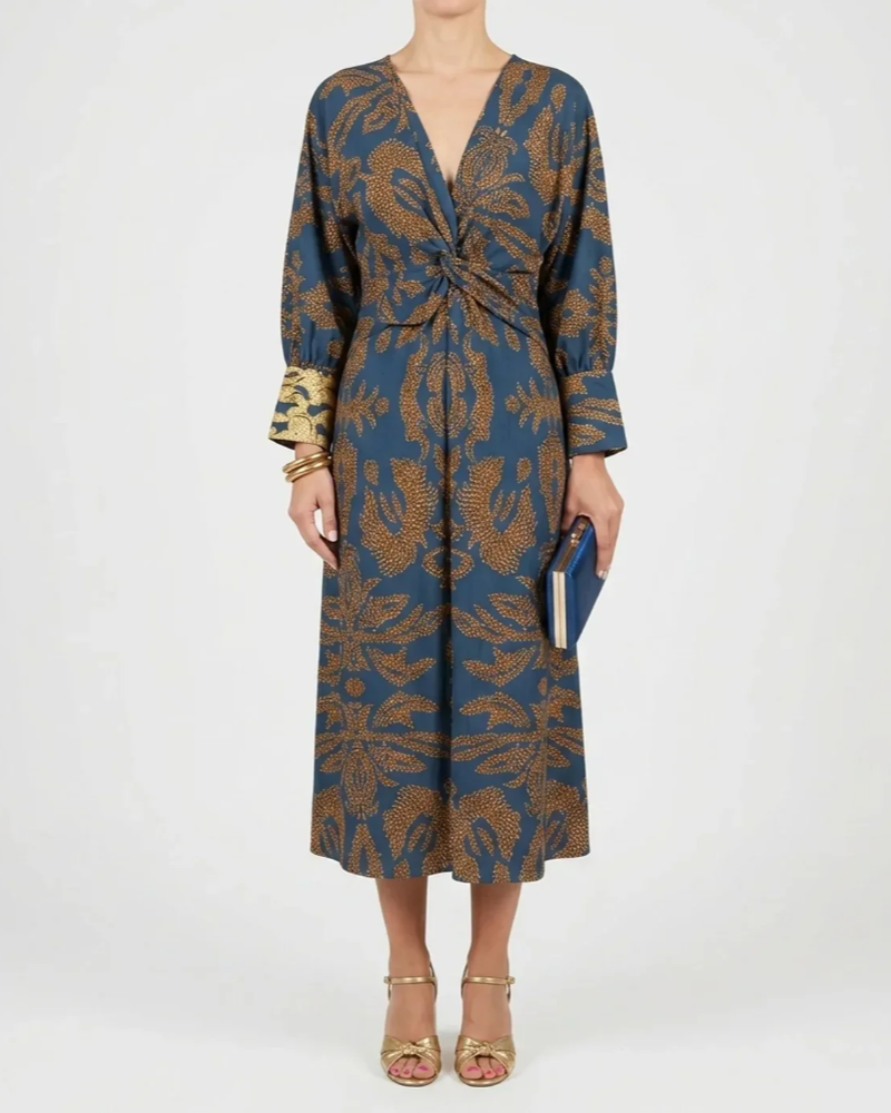 Vestito maxi da donna Whitney a linea A – stampa botanica, scollo a V e vita drappeggiata