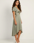 Stephanie Vestido Midi Mujer – Escote en V, Cintura Cruzada y Bajo Asimétrico