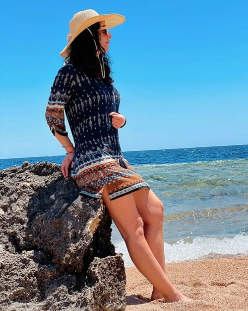 Aria Women's Tunic Dress – Boho Floral Dress with V-Neck, 3/4 Sleeves, and Tassels