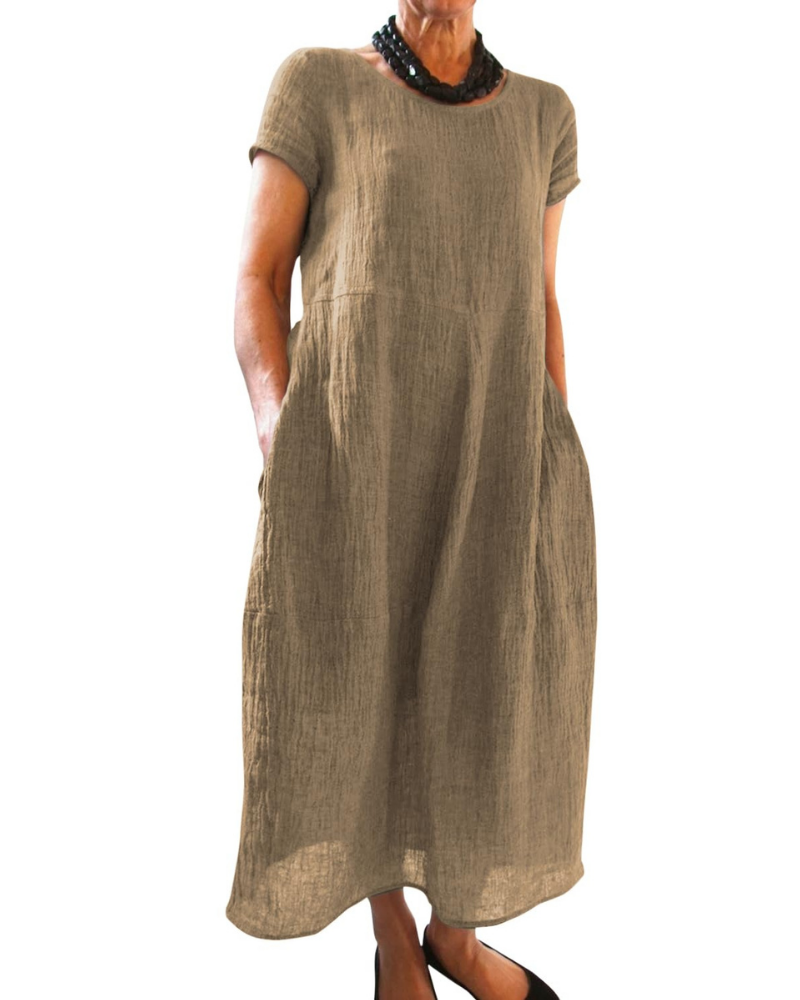 Fiona Vestido Maxi Mujer – Vestido Verano Casual Manga Corta con Bolsillos Laterales