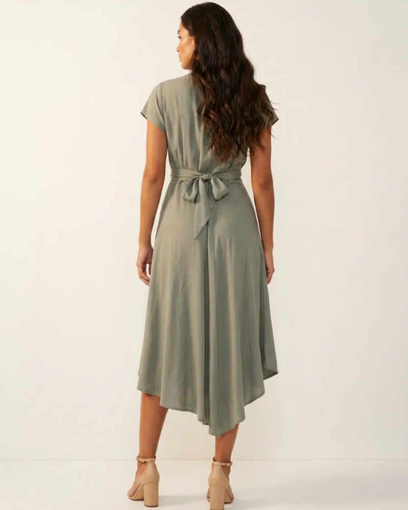 Stephanie Vestido Midi Mujer – Escote en V, Cintura Cruzada y Bajo Asimétrico