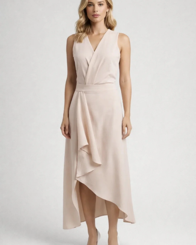 Felicity Vestido Midi Mujer – Escote Cruzado, Cintura Marcada y Falda Asimétrica
