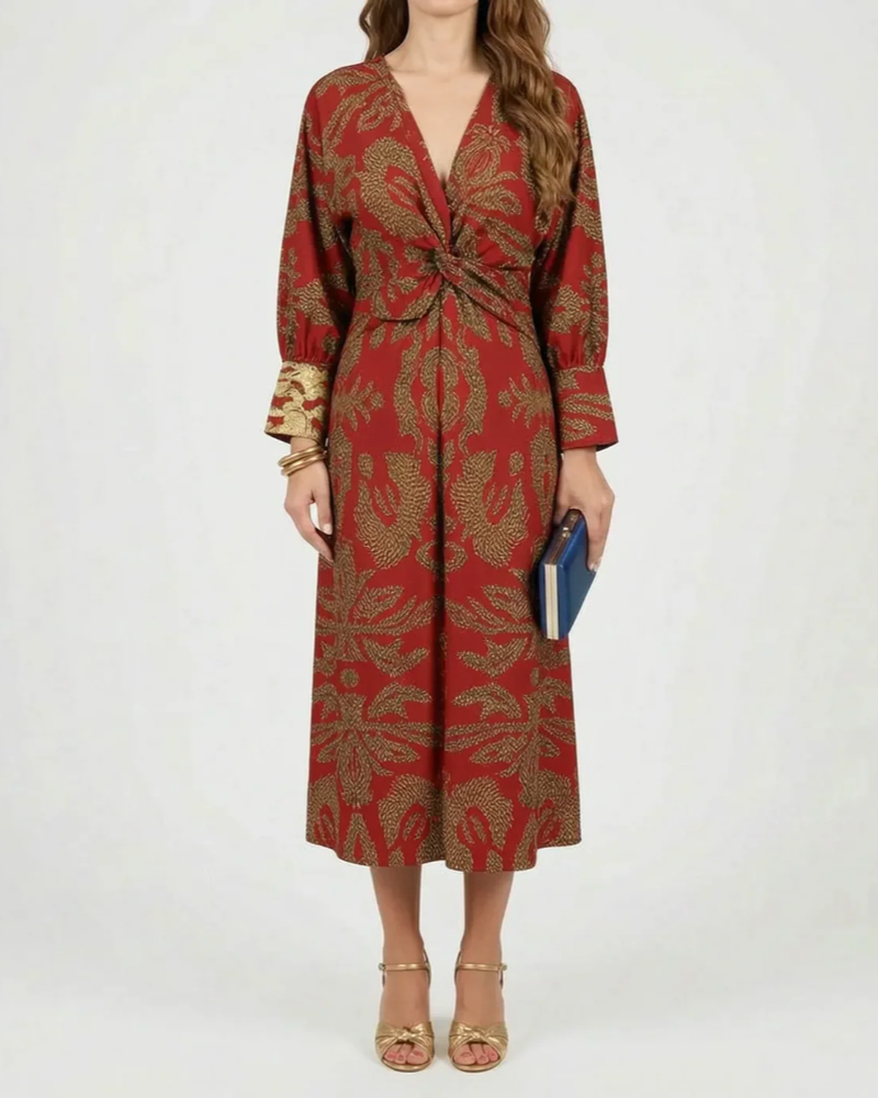 Whitney Vestido Maxi Línea A Mujer – Estampado Botánico, Escote en V y Cintura Drapeada