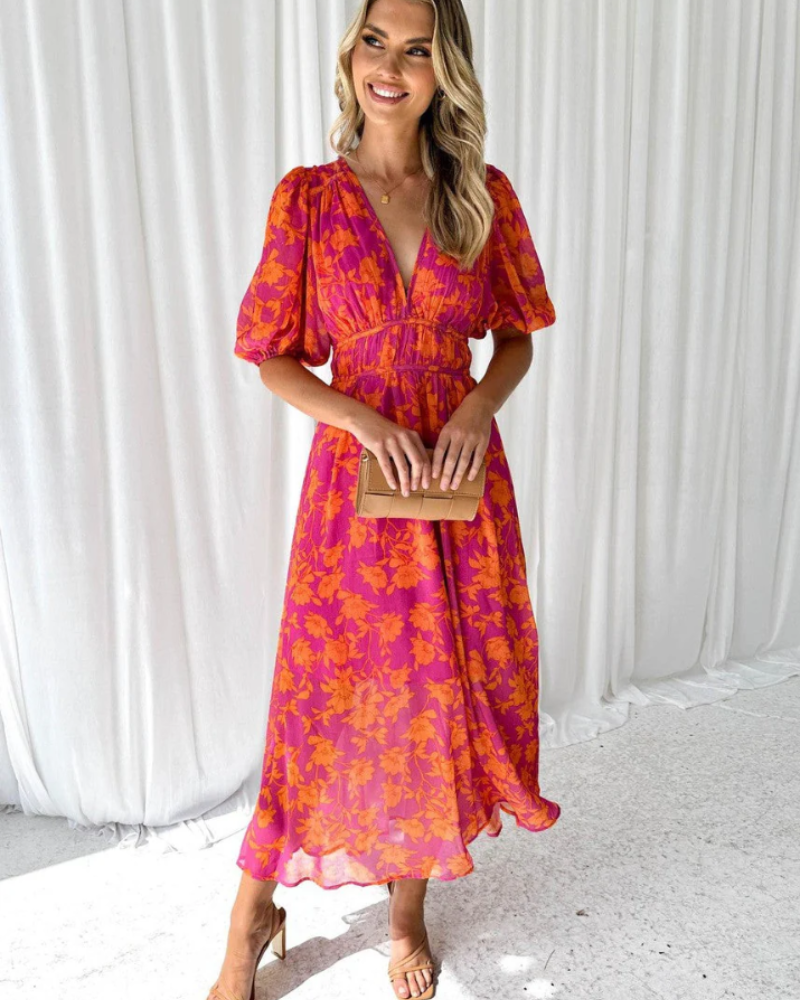 Vestito maxi floreale da donna Eloise – Scollatura a V, vita definita e gonna fluida