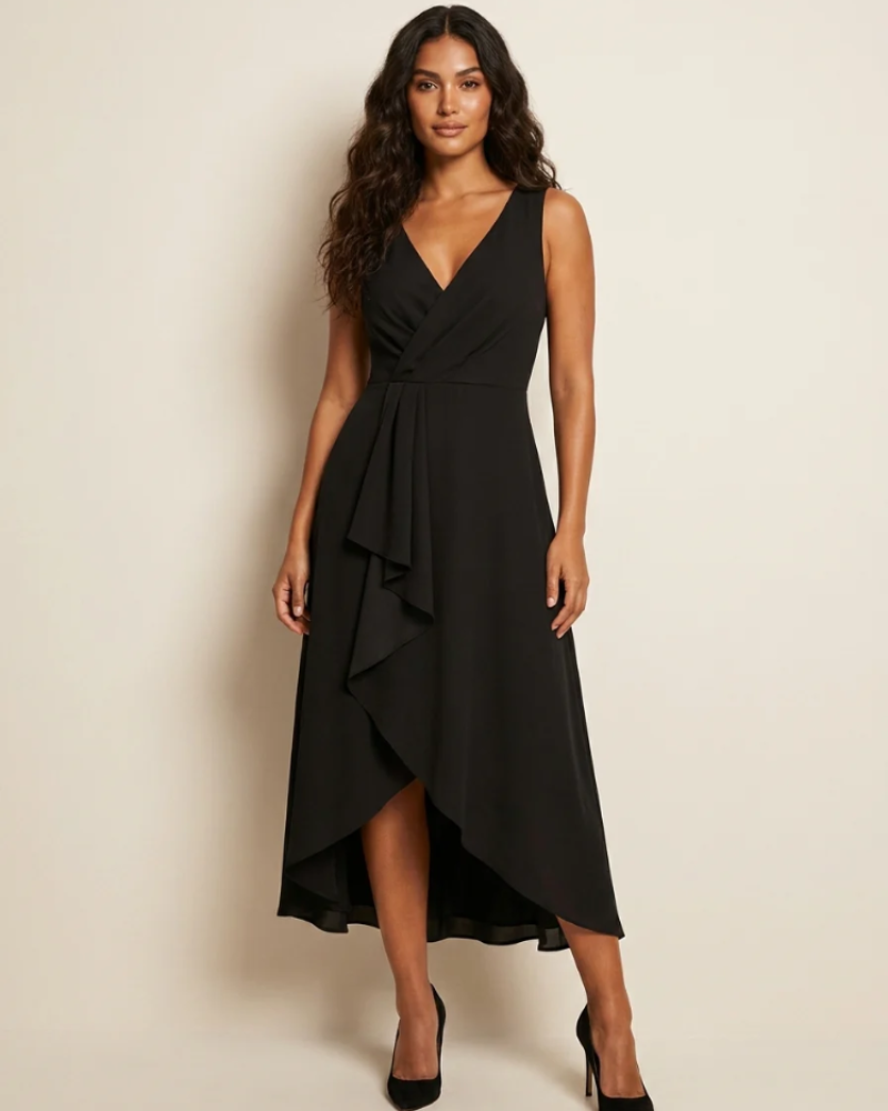 Eleanor Women’s Midi Dress – Wrap Neckline, Defined Waist, and Asymmetrical Hem