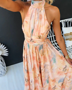 Robe longue fleurie Daphne à dos nu pour femme – légère, fluide et élégante