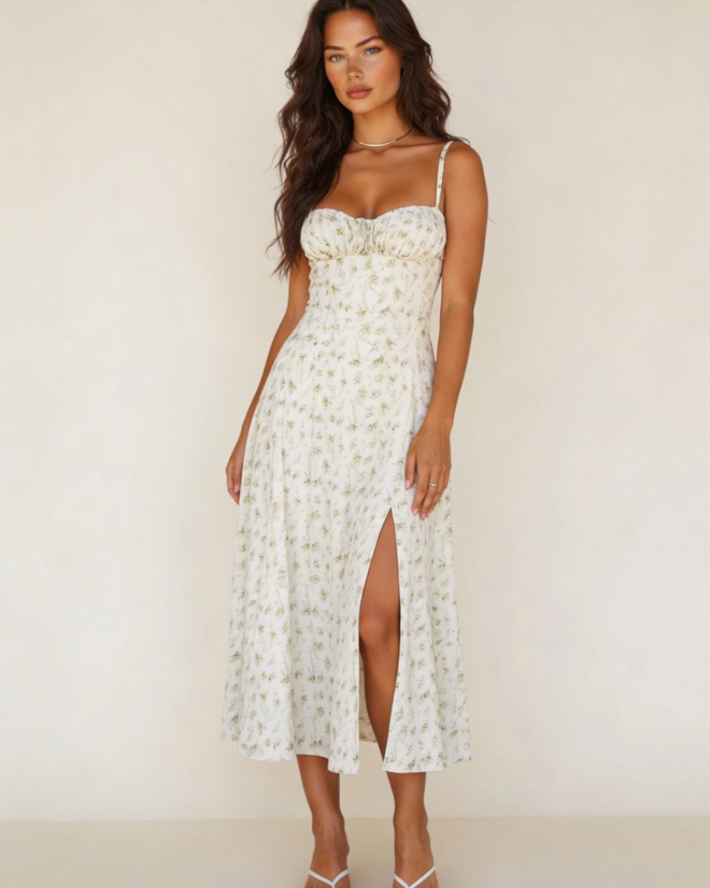 Colette Vestido Midi Bustier Floral Mujer – Escote Corazón, Abertura Frontal y Corte Elegante