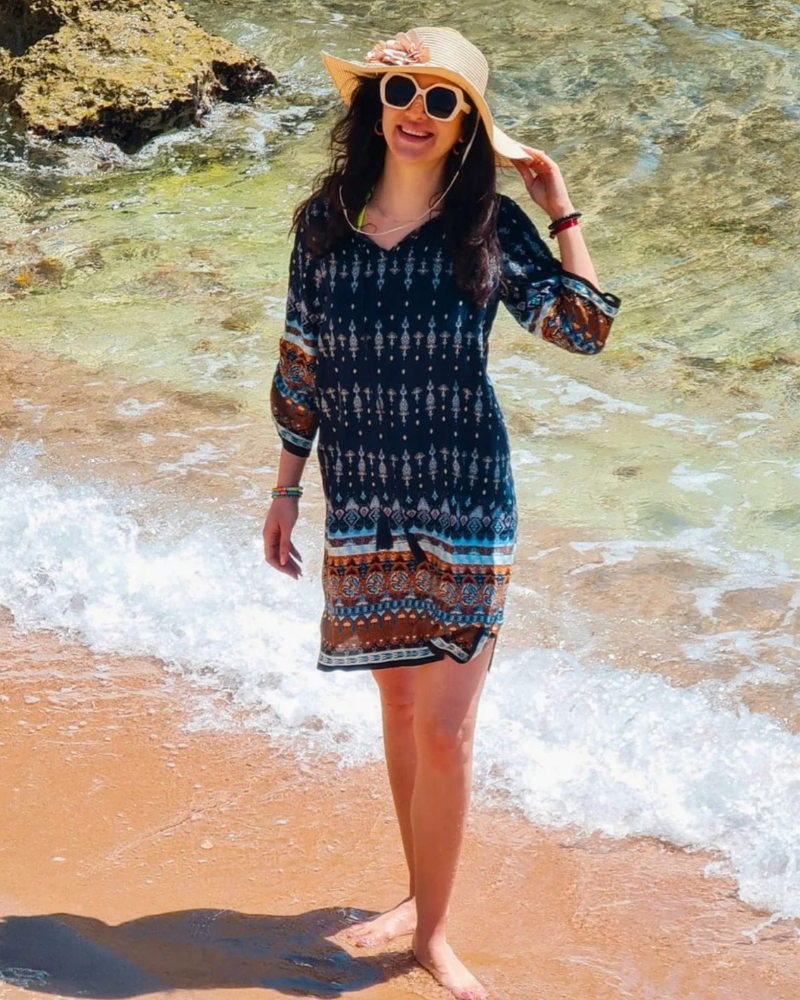 Aria Vestido Túnica Mujer – Vestido Boho Floral con Cuello V, Mangas 3/4 y Borlas