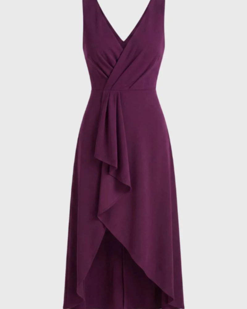 Eleanor Vestido Midi Mujer – Escote Cruzado, Cintura Marcada y Bajo Asimétrico
