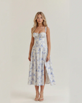 Colette Vestido Midi Bustier Floral Mujer – Escote Corazón, Abertura Frontal y Corte Elegante
