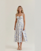 Colette Vestido Midi Bustier Floral Mujer – Escote Corazón, Abertura Frontal y Corte Elegante