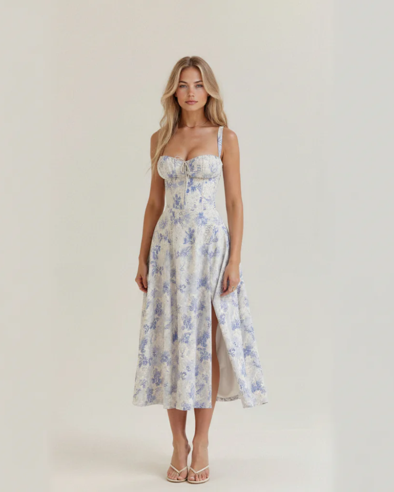 Colette Vestido Midi Bustier Floral Mujer – Escote Corazón, Abertura Frontal y Corte Elegante