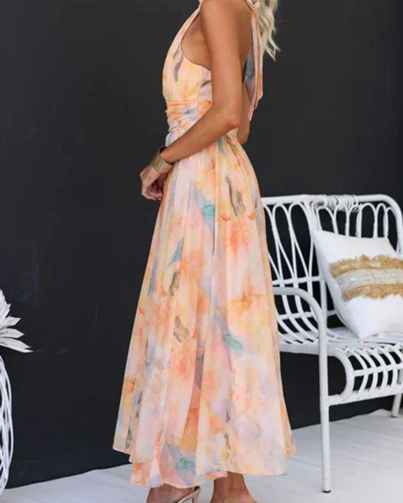 Robe longue fleurie Daphne à dos nu pour femme – légère, fluide et élégante