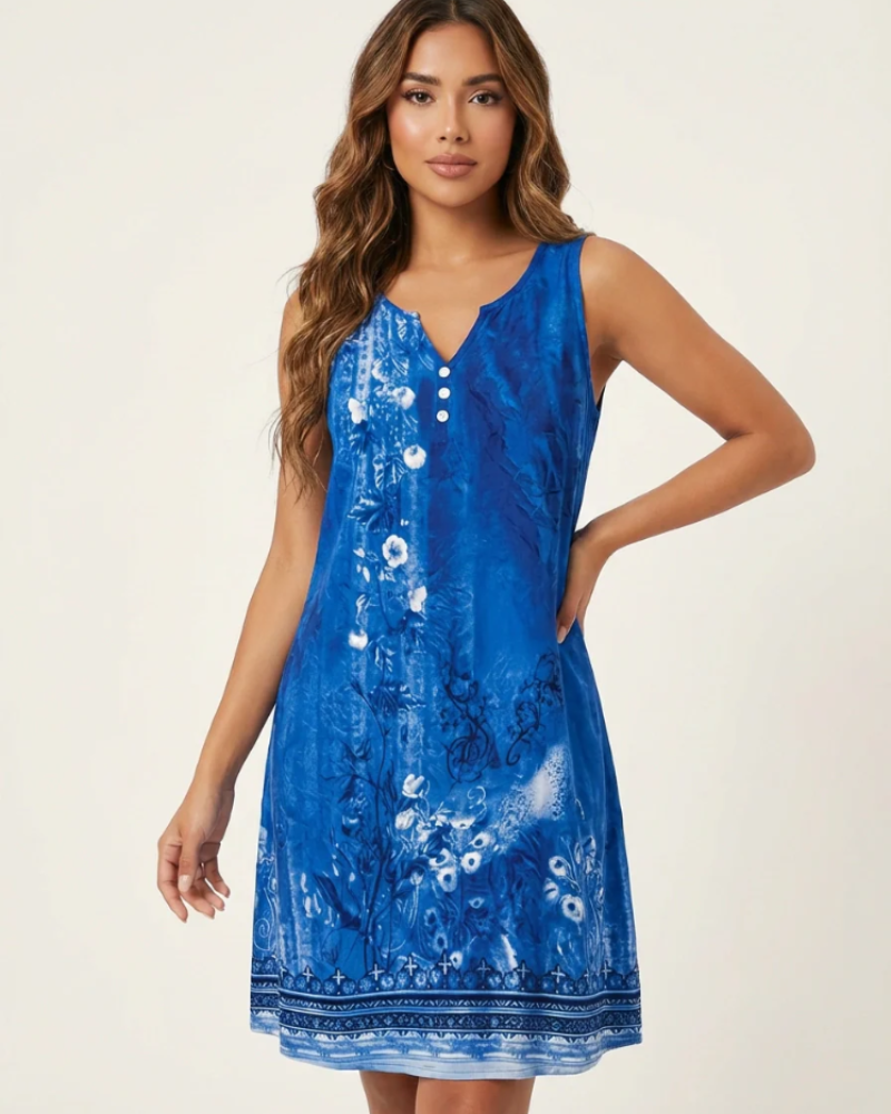 Priscilla Women’s Summer Dress – Artistic Print, V-Neck, and Buttons