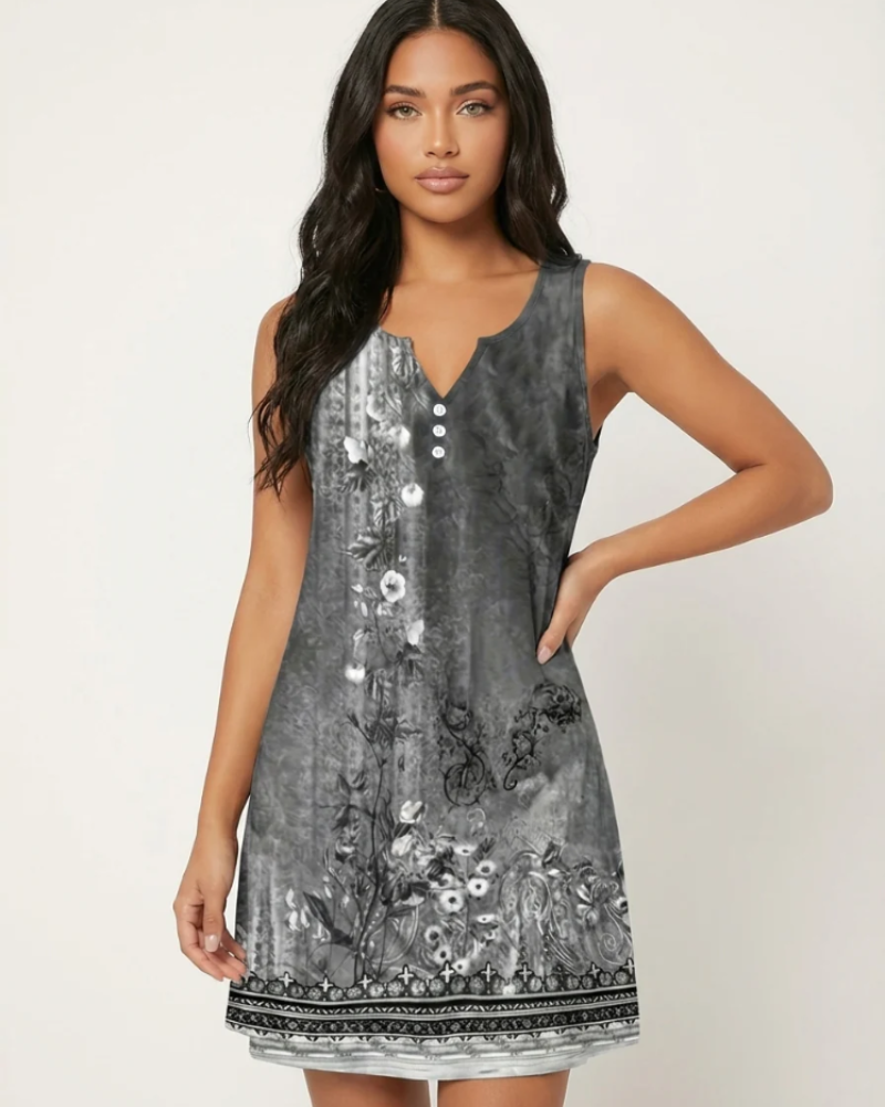 Priscilla Women’s Summer Dress – Artistic Print, V-Neck, and Buttons
