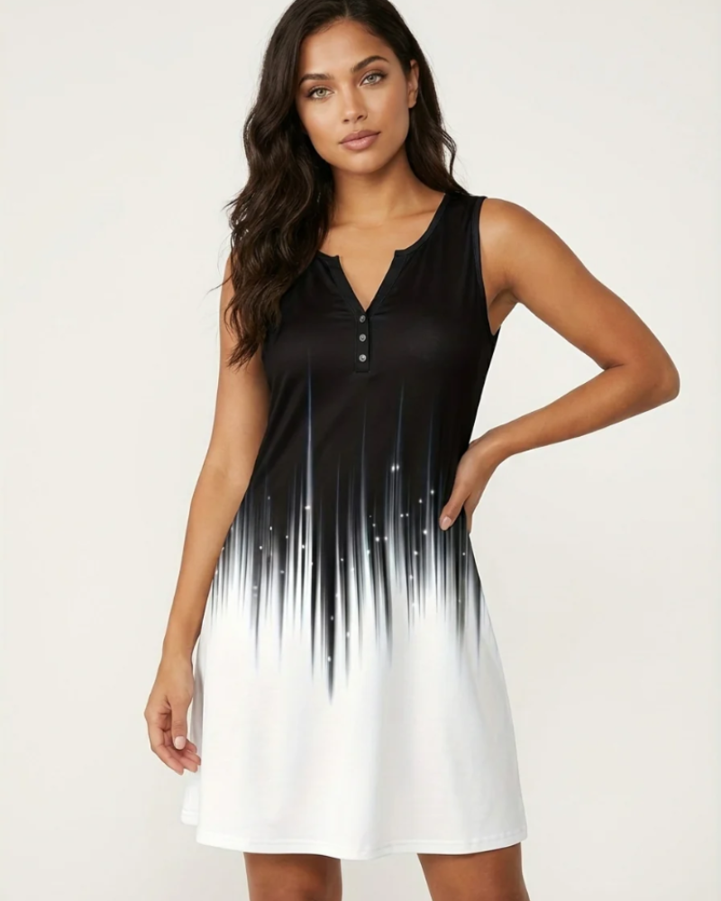 Priscilla Women’s Summer Dress – Artistic Print, V-Neck, and Buttons