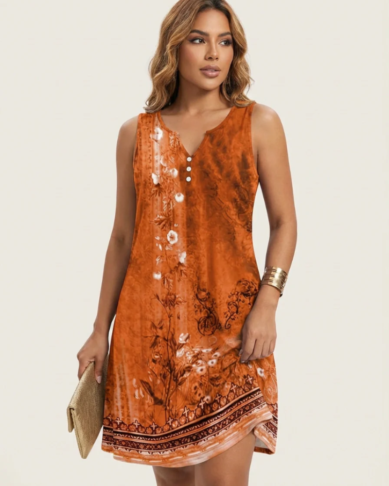 Priscilla Women’s Summer Dress – Artistic Print, V-Neck, and Buttons