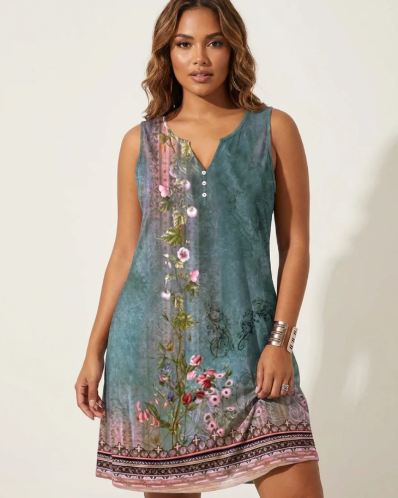 Priscilla Women’s Summer Dress – Artistic Print, V-Neck, and Buttons