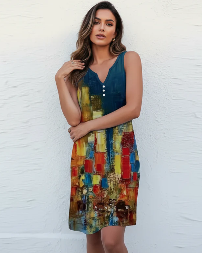 Priscilla Women’s Summer Dress – Artistic Print, V-Neck, and Buttons