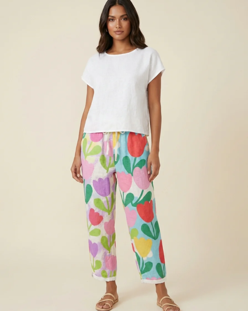 Delilah Women’s Wide-Leg Pants – Colorful Print, Elastic Waistband and Pockets