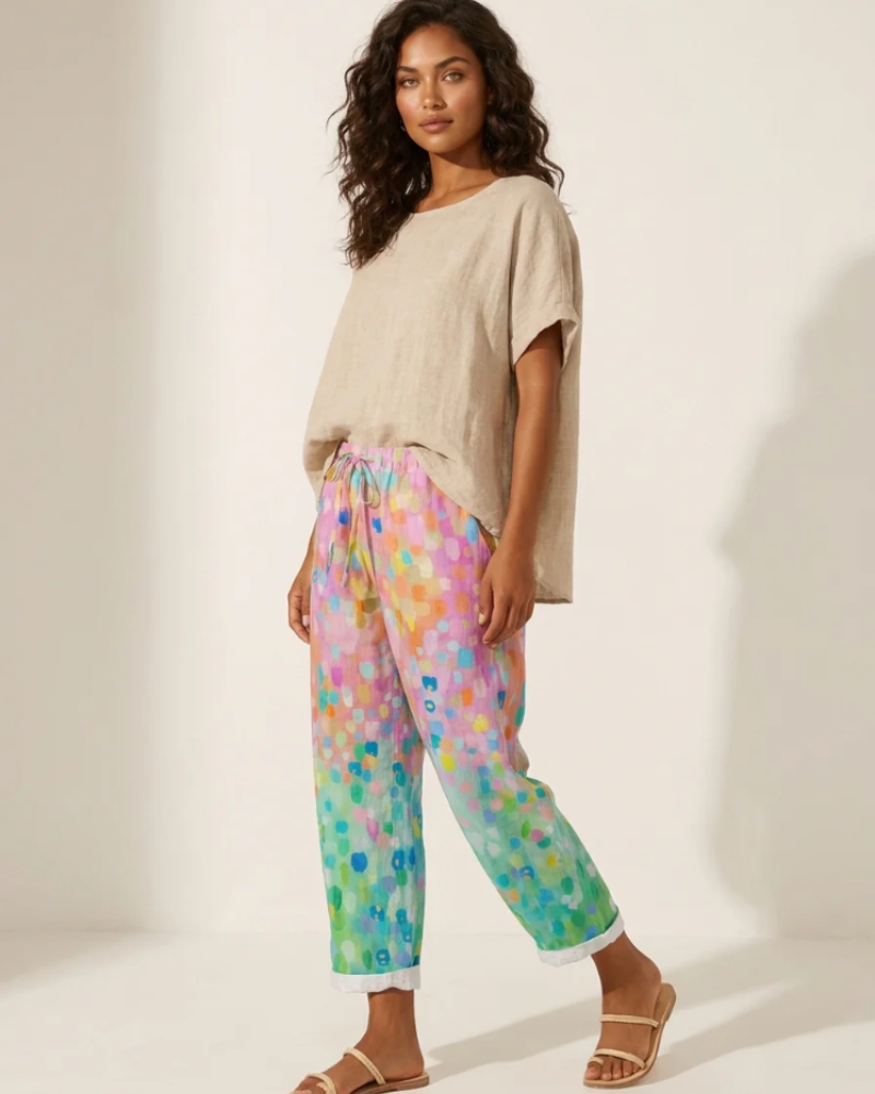 Delilah Pantalones Wide Leg Mujer – Estampado Colorido, Cintura Elástica y Bolsillos