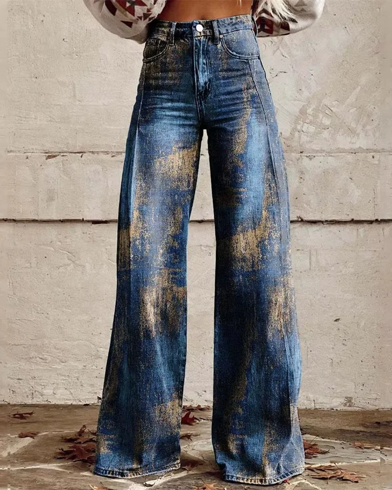 Naomi Women’s Wide-Leg Jeans – Artistic Printed Denim and Relaxed Fit