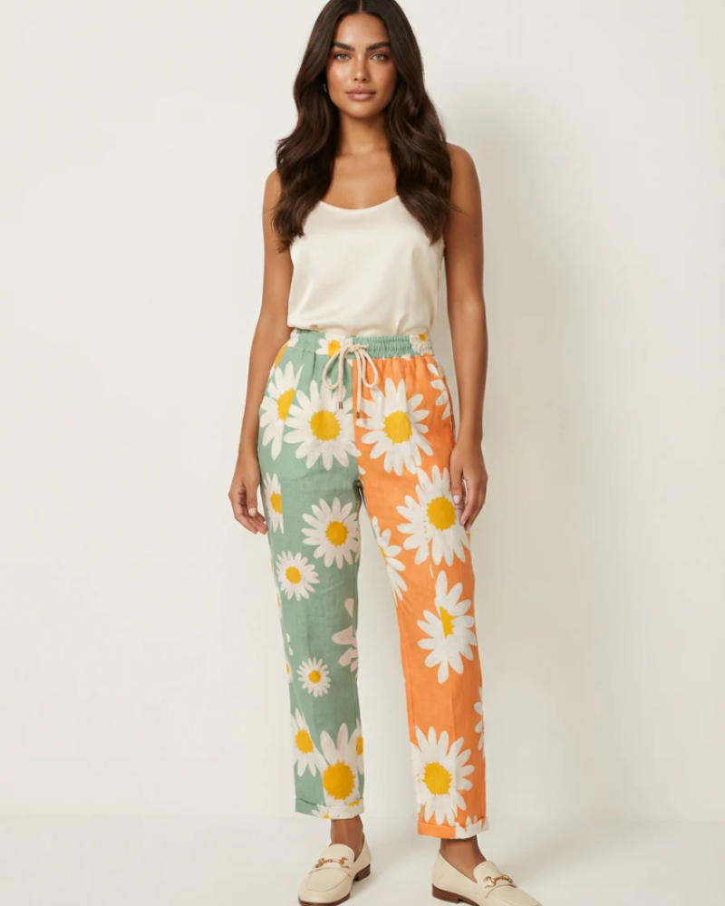 Delilah Women’s Wide-Leg Pants – Colorful Print, Elastic Waistband and Pockets