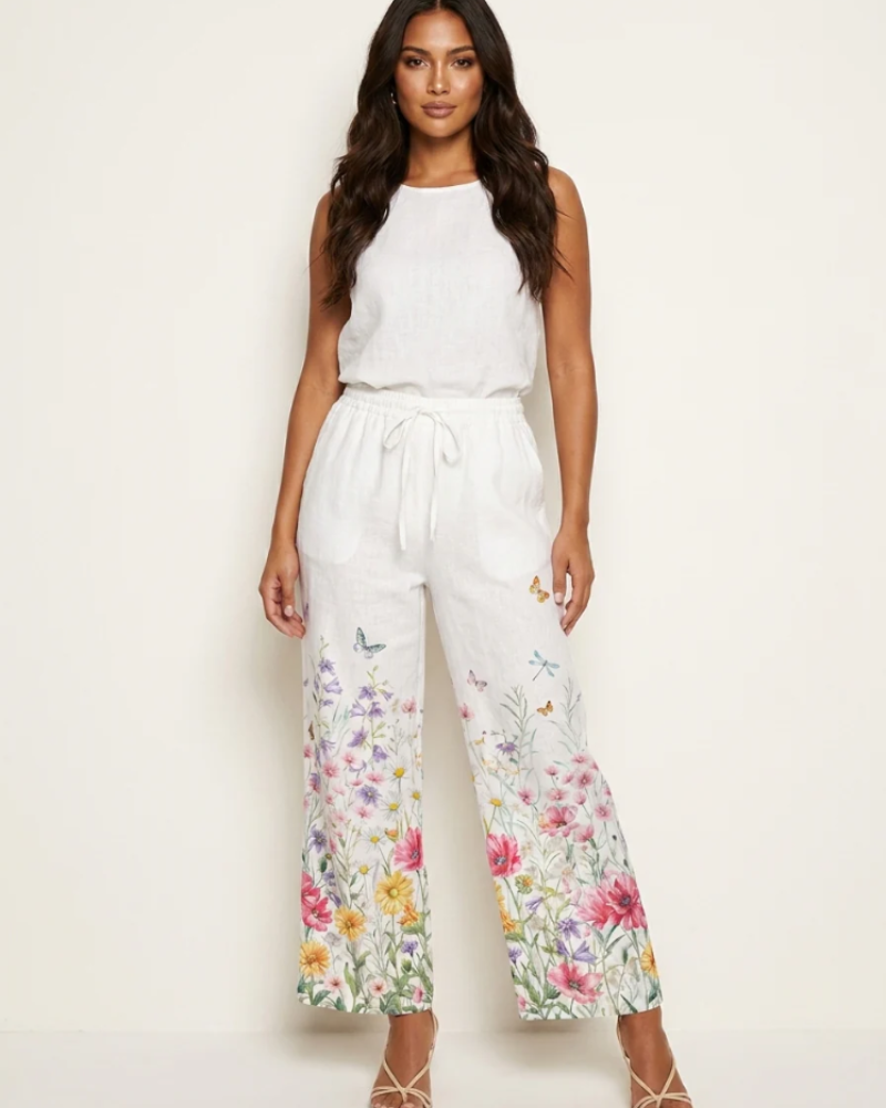 Delilah Women’s Wide-Leg Pants – Colorful Print, Elastic Waistband and Pockets
