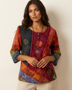 Jocelyn Blusa Boho Mujer – Estampado Artístico, Corte Holgado y Botones Decorativos