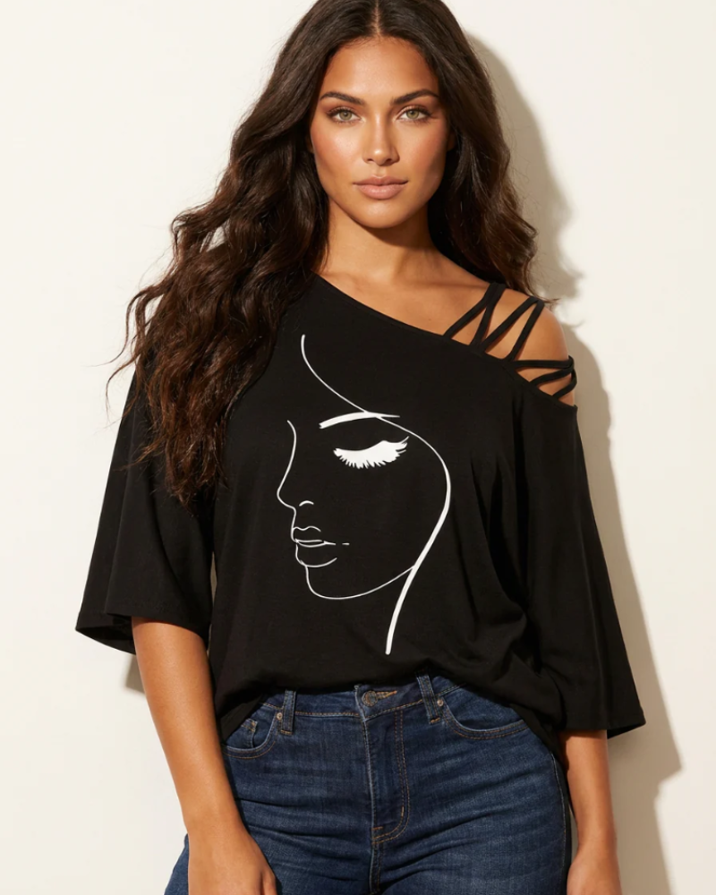 Heather Top Asimétrico Mujer – Hombro Descubierto, Tirantes y Estampado Artístico