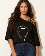 Heather Top Asimétrico Mujer – Hombro Descubierto, Tirantes y Estampado Artístico