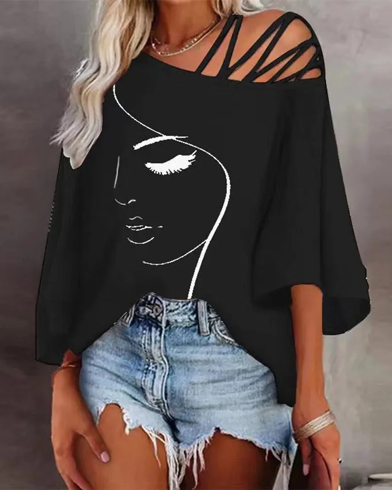 Heather Top Asimétrico Mujer – Hombro Descubierto, Tirantes y Estampado Artístico