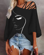 Heather Top Asimétrico Mujer – Hombro Descubierto, Tirantes y Estampado Artístico