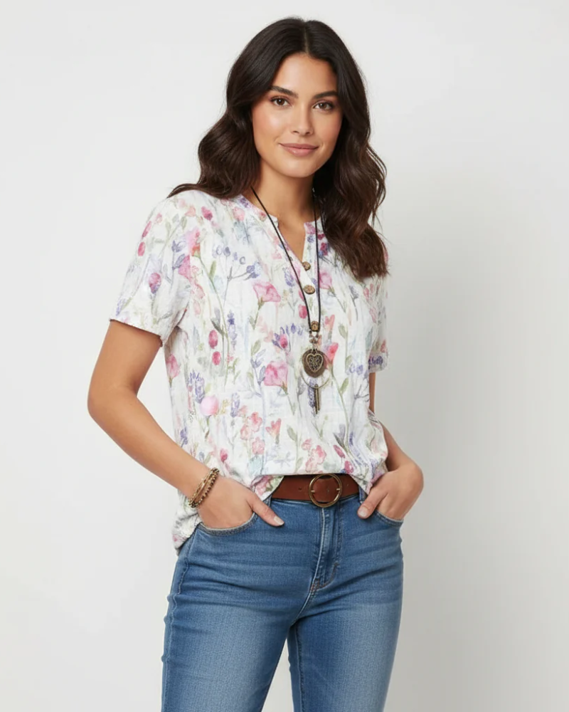 Blouse florale pour femme Savannah – décolleté en V, manches courtes et coupe fluide
