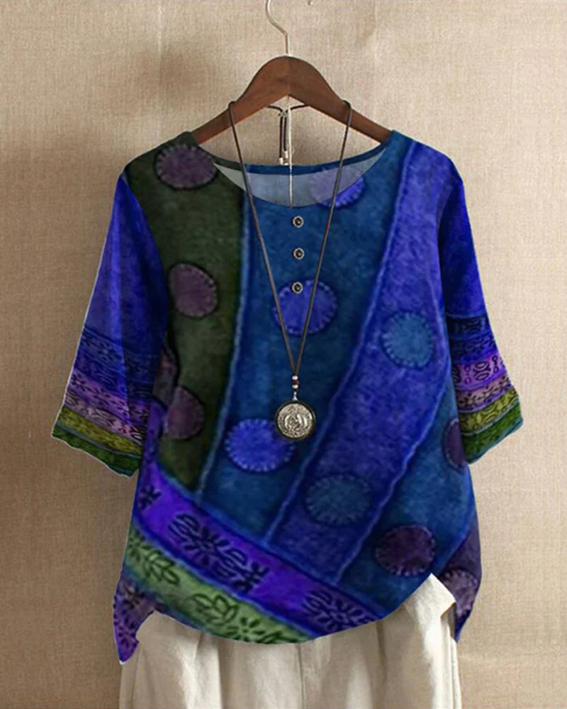 Jocelyn Women's Boho Blouse – Artistic Print, Loose Fit, and Decorative Buttons