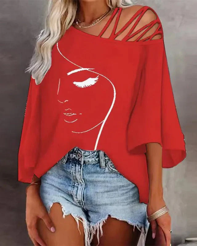 Heather Asymmetrical Women's Top – Off-the-Shoulder, Straps and Artistic Print