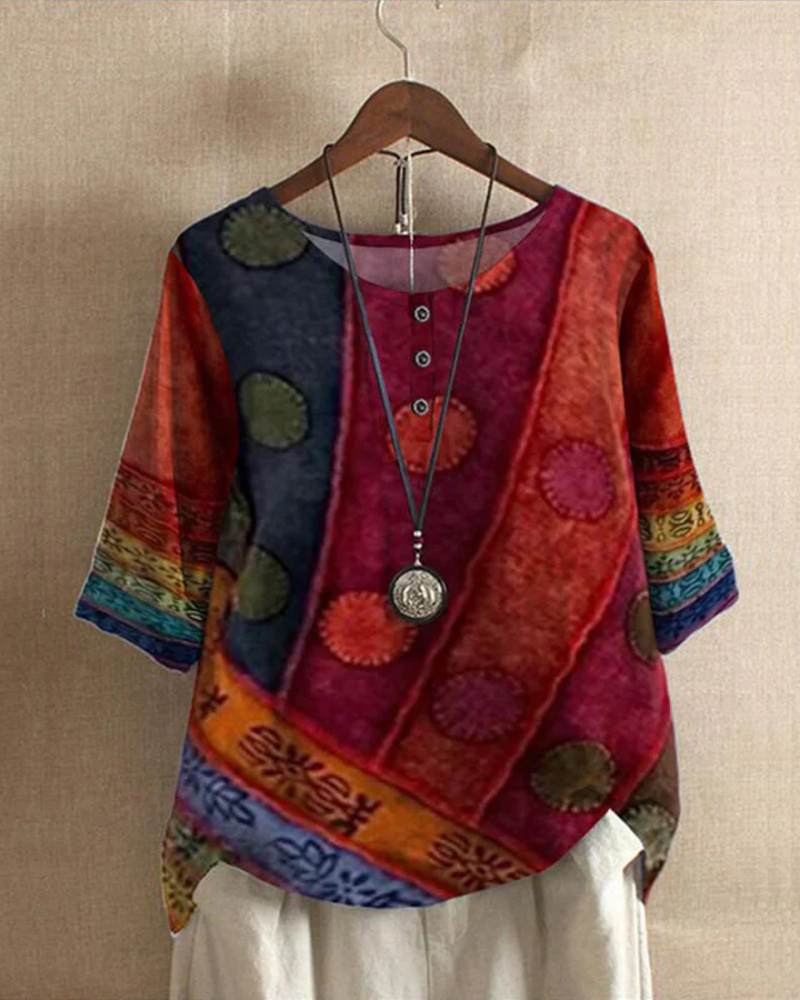 Jocelyn Blusa Boho Mujer – Estampado Artístico, Corte Holgado y Botones Decorativos
