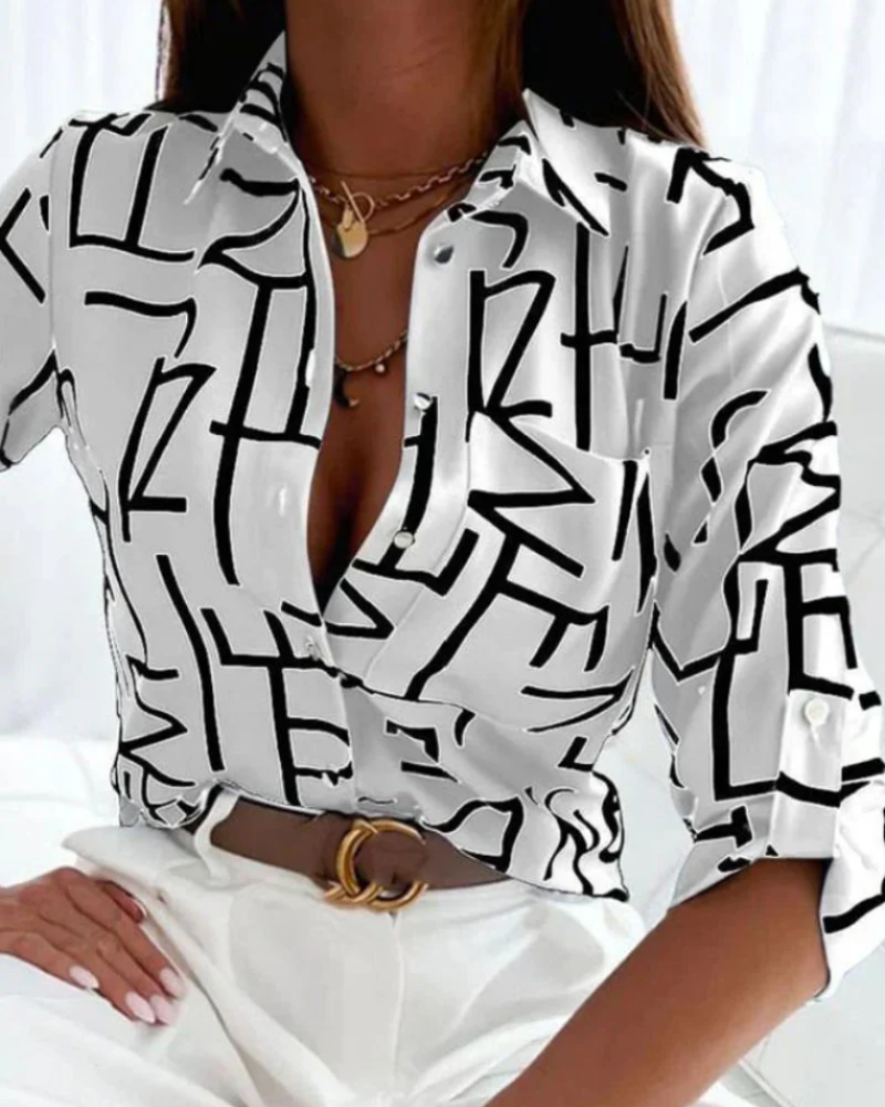 Gwendolyn Blusa Estampada Mujer – Cuello Clásico, Botones y Manga Larga