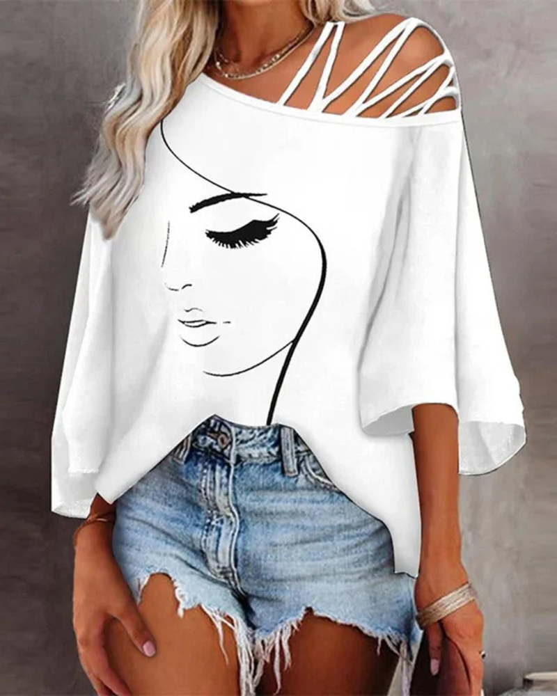 Heather Asymmetrical Women's Top – Off-the-Shoulder, Straps and Artistic Print