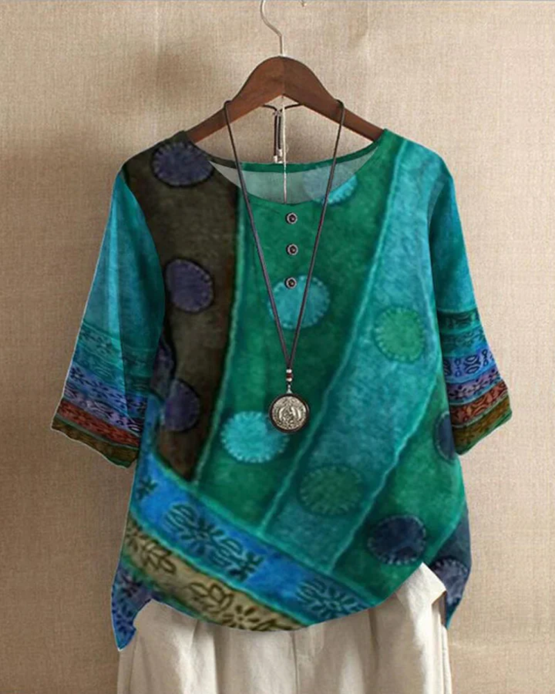 Jocelyn Women's Boho Blouse – Artistic Print, Loose Fit, and Decorative Buttons