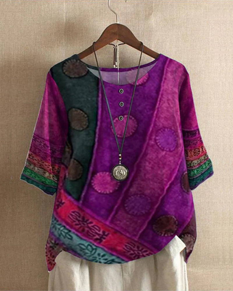 Jocelyn Women's Boho Blouse – Artistic Print, Loose Fit, and Decorative Buttons