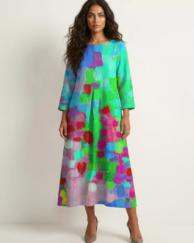 Marissa Vestido Maxi Mujer – Estampado Artístico, Corte Holgado y Caída Fluida